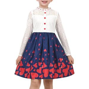 Sunny Fashion Girls Dress Green Floral Lace St Patrick Clover Party Long Sleeve(Blue Red Heart)
