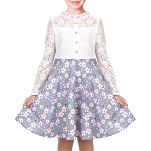 Sunny Fashion Girls Dress Green Floral Lace St Patrick Clover Party Long Sleeve(Gray)