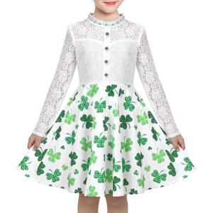 Sunny Fashion Girls Dress Green Floral Lace St Patrick Clover Party Long Sleeve(Green Leaf)