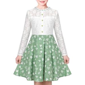 Sunny Fashion Girls Dress Green Floral Lace St Patrick Clover Party Long Sleeve(Pale Green)