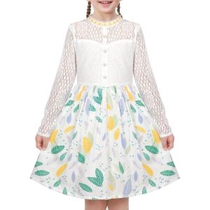 Sunny Fashion Girls Dress Green Floral Lace St Patrick Clover Party Long Sleeve(White)