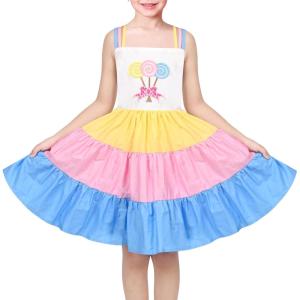 Sunny Fashion Girls Dress Ice Cream Rainbow Striped Suspender Sleeveless(Blue Lollipop)