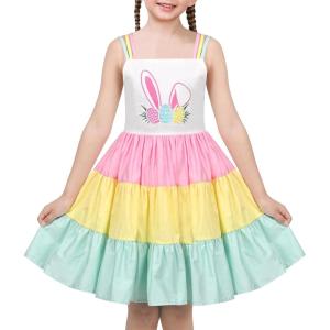 Sunny Fashion Girls Dress Ice Cream Rainbow Striped Suspender Sleeveless(Rainbow Bunny)
