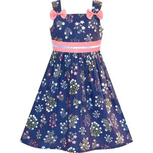 Sunny Fashion Girls Dress Ladybug Polka Dot Bow Tie(Blue Star Flowers)