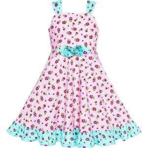 Sunny Fashion Girls Dress Ladybug Polka Dot Bow Tie(Pink Flower)