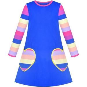 Sunny Fashion Girls Dress Long Sleeve Butterfly Color Contrast Casual Wearing(Blue Heart)