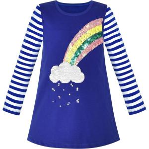 Sunny Fashion Girls Dress Long Sleeve Butterfly Color Contrast Casual Wearing(Blue Rainbow)