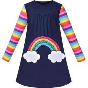 Sunny Fashion Girls Dress Long Sleeve Butterfly Color Contrast Casual Wearing(Blue Rainbow Cloud)