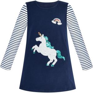 Sunny Fashion Girls Dress Long Sleeve Butterfly Color Contrast Casual Wearing(Dark Blue Unicorn)