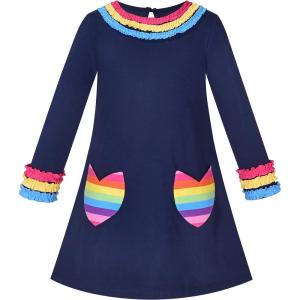 Sunny Fashion Girls Dress Long Sleeve Butterfly Color Contrast Casual Wearing(Navy Blue Heart)