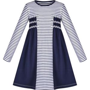 Sunny Fashion Girls Dress Long Sleeve Butterfly Color Contrast Casual Wearing(Navy Blue Striped)