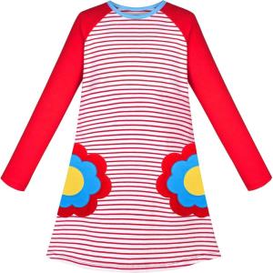 Sunny Fashion Girls Dress Long Sleeve Butterfly Color Contrast Casual Wearing(Red Flower Pocket)