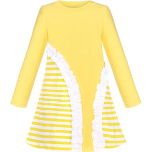 Sunny Fashion Girls Dress Long Sleeve Butterfly Color Contrast Casual Wearing(Yellow Striped)