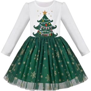Sunny Fashion Girls Dress Long Sleeve Christmas Owl Sparkling Sequin Tulle(Green Snowflake)