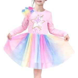 Sunny Fashion Girls Dress Long Sleeve Christmas Owl Sparkling Sequin Tulle(Rainbow Unicorn)