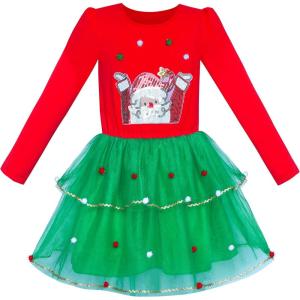 Sunny Fashion Girls Dress Long Sleeve Christmas Owl Sparkling Sequin Tulle(Red Green Santa)