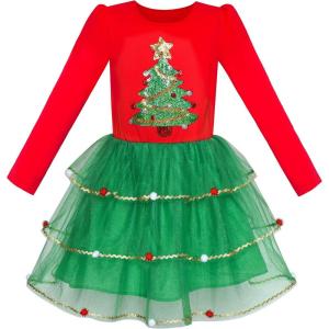 Sunny Fashion Girls Dress Long Sleeve Christmas Owl Sparkling Sequin Tulle(Red Green Tree)