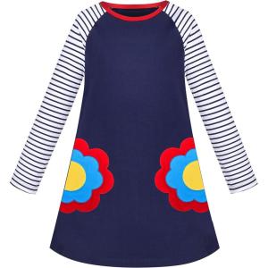 Sunny Fashion Girls Dress Long Sleeve Christmas Reindeer Snow Holiday Party(Blue Flower Pocket)