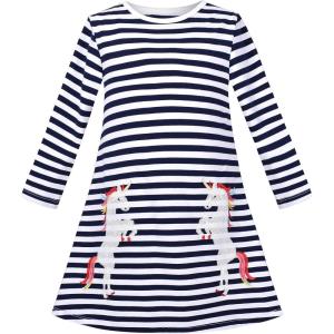 Sunny Fashion Girls Dress Long Sleeve Christmas Reindeer Snow Holiday Party(Blue Striped Unicorn)