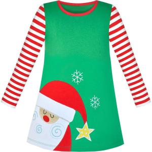 Sunny Fashion Girls Dress Long Sleeve Christmas Reindeer Snow Holiday Party(Green Santa)