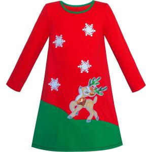 Sunny Fashion Girls Dress Long Sleeve Christmas Reindeer Snow Holiday Party(Red Green)