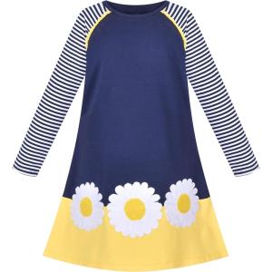 Sunny Fashion Girls Dress Long Sleeve Daisy Flower Striped Casual Cotton(Blue Flower)