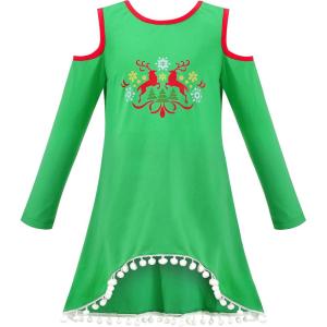 Sunny Fashion Girls Dress Long Sleeve Daisy Flower Striped Casual Cotton(Green)