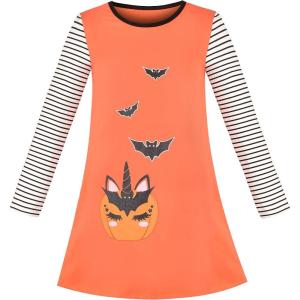 Sunny Fashion Girls Dress Long Sleeve Daisy Flower Striped Casual Cotton(Orange Bats)