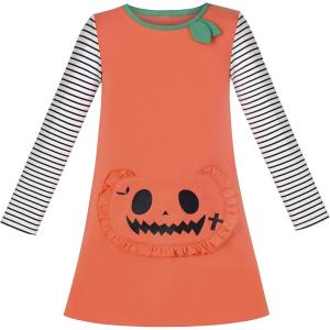 Sunny Fashion Girls Dress Long Sleeve Daisy Flower Striped Casual Cotton(Orange Pumpkin)