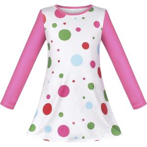 Sunny Fashion Girls Dress Long Sleeve Daisy Flower Striped Casual Cotton(Pink Dots)