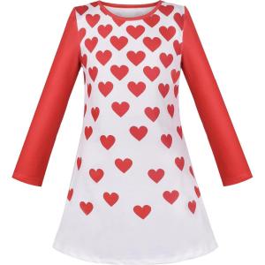Sunny Fashion Girls Dress Long Sleeve Daisy Flower Striped Casual Cotton(Red Heart)