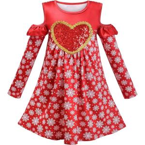 Sunny Fashion Girls Dress Long Sleeve Daisy Flower Striped Casual Cotton(Red Heart Snow)