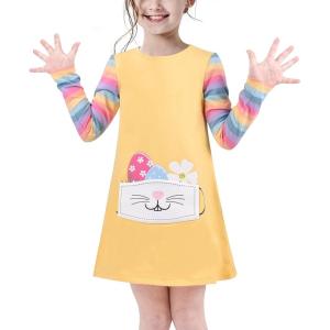 Sunny Fashion Girls Dress Long Sleeve Daisy Flower Striped Casual Cotton(Yellow)