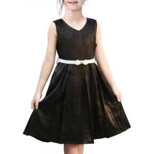 Sunny Fashion Girls Dress Navy Blue Flower Belt Vintage Party Size 6-14(Black)