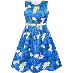 Sunny Fashion Girls Dress Navy Blue Flower Belt Vintage Party Size 6-14(White and Blue)