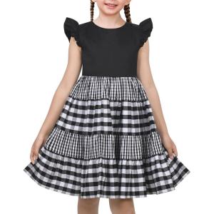 Sunny Fashion Girls Dress O-Neck Backless Smocked Embroidery Ruffle Vintage Sleeveless(Black Plaid)
