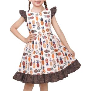 Sunny Fashion Girls Dress O-Neck Backless Smocked Embroidery Ruffle Vintage Sleeveless(Brown Fruit)