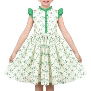 Sunny Fashion Girls Dress O-Neck Backless Smocked Embroidery Ruffle Vintage Sleeveless(Green)