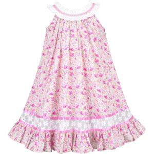Sunny Fashion Girls Dress O-Neck Backless Smocked Embroidery Ruffle Vintage Sleeveless(Pink)