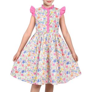 Sunny Fashion Girls Dress O-Neck Backless Smocked Embroidery Ruffle Vintage Sleeveless(Pink Flower)