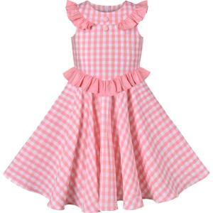 Sunny Fashion Girls Dress O-Neck Backless Smocked Embroidery Ruffle Vintage Sleeveless(Pink Plaid)