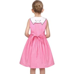 Sunny Fashion Girls Dress O-Neck Backless Smocked Embroidery Ruffle Vintage Sleeveless(Pink Polka Dot)
