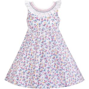 Sunny Fashion Girls Dress O-Neck Backless Smocked Embroidery Ruffle Vintage Sleeveless(Purple)