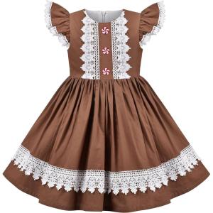 Sunny Fashion Girls Dress Polka Dot Overlap Design with Trim Yellow Size 4-10(Brown Lace)