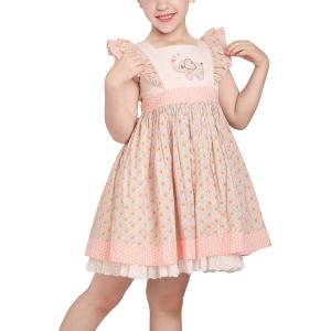 Sunny Fashion Girls Dress Polka Dot Overlap Design with Trim Yellow Size 4-10(Pink Elephant)