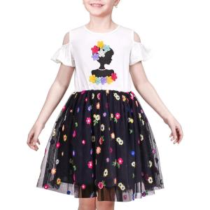 Sunny Fashion Girls Dress Purple Short Sleeve Rainbow Tulle Skirt Birthday Party(Black Flowers)