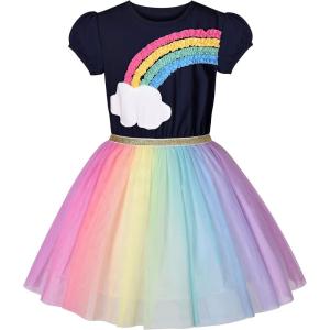 Sunny Fashion Girls Dress Purple Short Sleeve Rainbow Tulle Skirt Birthday Party(Blue)