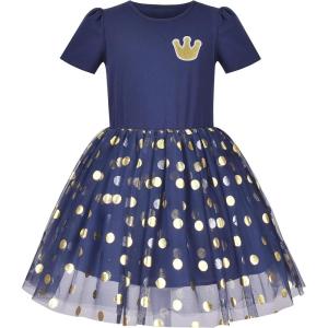 Sunny Fashion Girls Dress Purple Short Sleeve Rainbow Tulle Skirt Birthday Party(Blue Gold)
