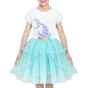 Sunny Fashion Girls Dress Purple Short Sleeve Rainbow Tulle Skirt Birthday Party(Blue Mermaid)