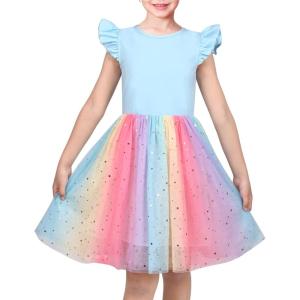Sunny Fashion Girls Dress Purple Short Sleeve Rainbow Tulle Skirt Birthday Party(Blue Rainbow)